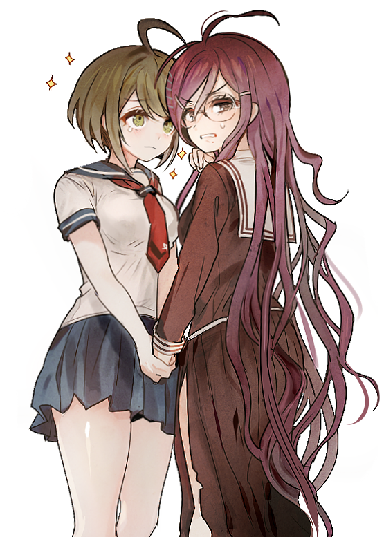 2girls, ahoge, black_hair, brown_hair, clenched_teeth, dangan_ronpa, fukawa_touko, glasses