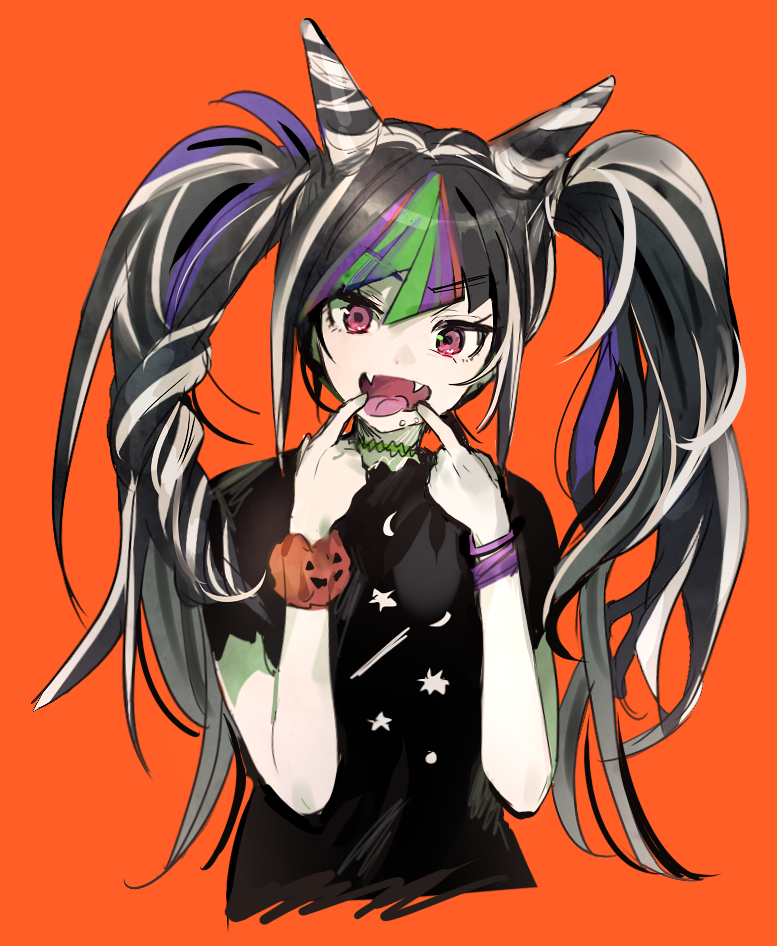1girl, alternate_hairstyle, black_hair, bracelet, choker, dangan_ronpa, fangs, green_hair