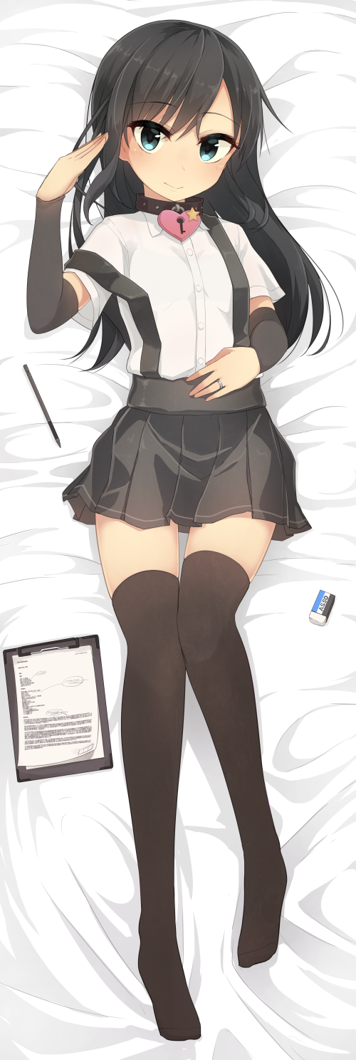 1girl, arm_warmers, asashio_(kantai_collection), black_hair, black_legwear, blue_eyes, clipboard, collar