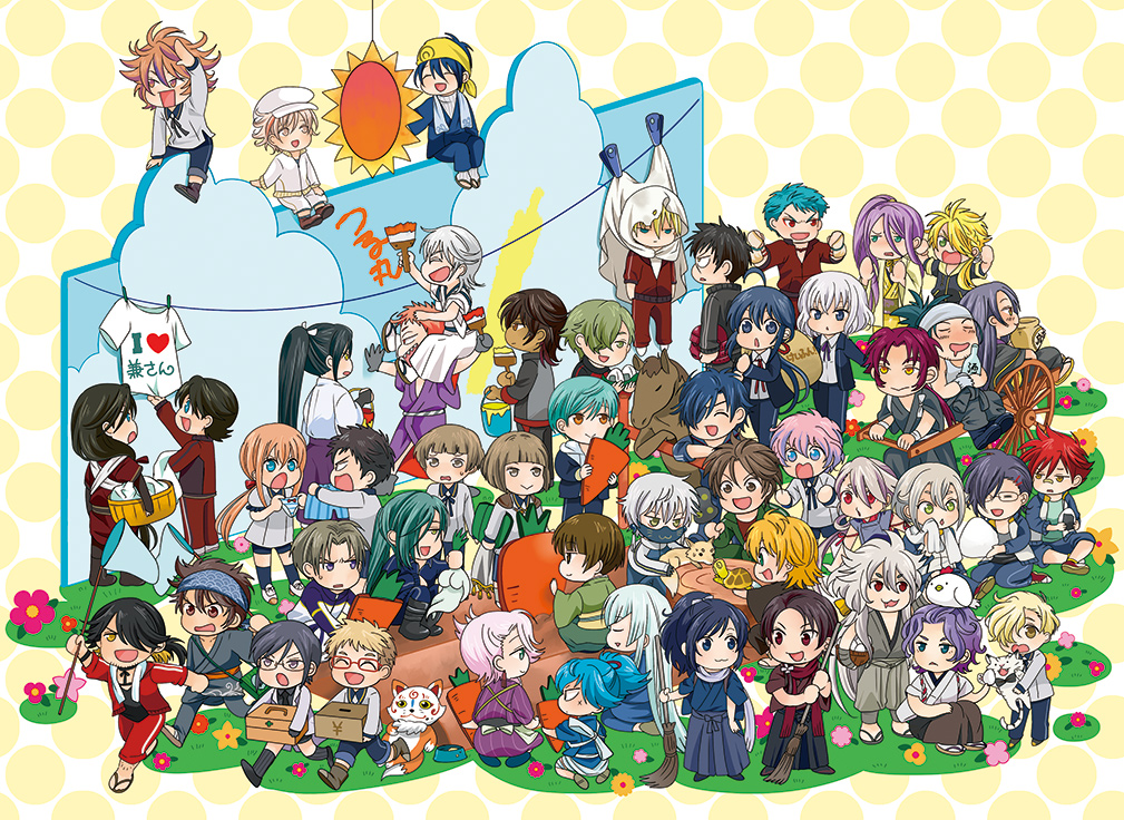 6+boys, :3, ^_^, ahoge, aizen_kunitoshi, akashi_kuniyuki, akita_toushirou, animal_on_head