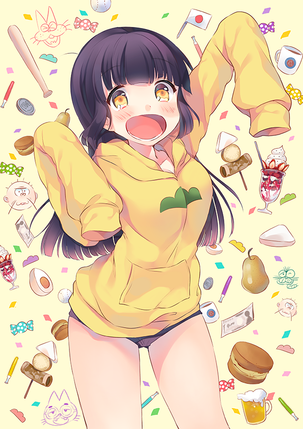 1girl, baseball_bat, black_panties, candy, egg, food, fruit, genderswap