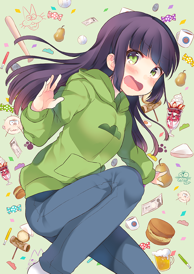 1girl, alcohol, beer, candy, choromatsu, egg, food, fruit