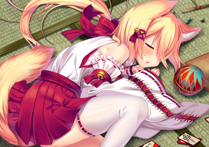 1girl, animal_ears, arm_ribbon, ball, bamboo-copter, bell, blonde_hair, bow, card, cross-laced_clothes, detached_sleeves, fetal_position, flower, fox_ears, fox_tail, frills, hair_bell, hair_bow, hair_ornament, hair_over_one_eye, hair_ribbon, hakama_skirt, hanafuda, japanese_clothes, logo, long_hair, low_ponytail, lying, matatabi_maru, miko, on_floor, on_side, original, pleated_skirt, red_bow, red_rose, red_skirt, ribbon, ribbon-trimmed_legwear, ribbon-trimmed_sleeves, ribbon_trim, rose, sarashi, skirt, sleeveless, solo, tail, tassel, tatami, temari_ball, text, thigh-highs, white_legwear