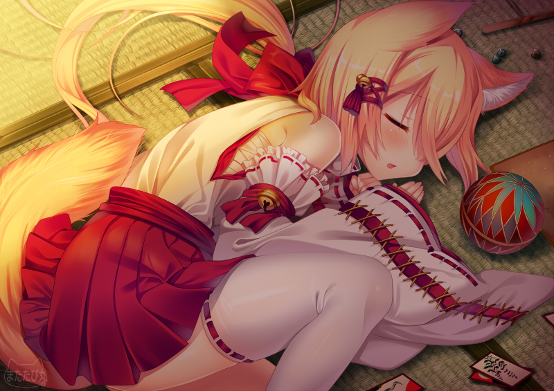 1girl, animal_ears, arm_ribbon, ball, bamboo-copter, bell, blonde_hair, bow