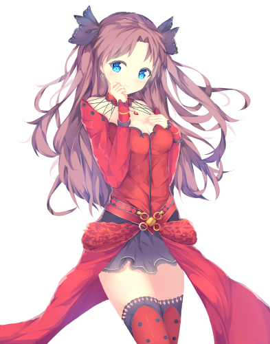 1girl, bangs, belt, black_skirt, blue_eyes, breast_suppress, brown_hair, cowboy_shot