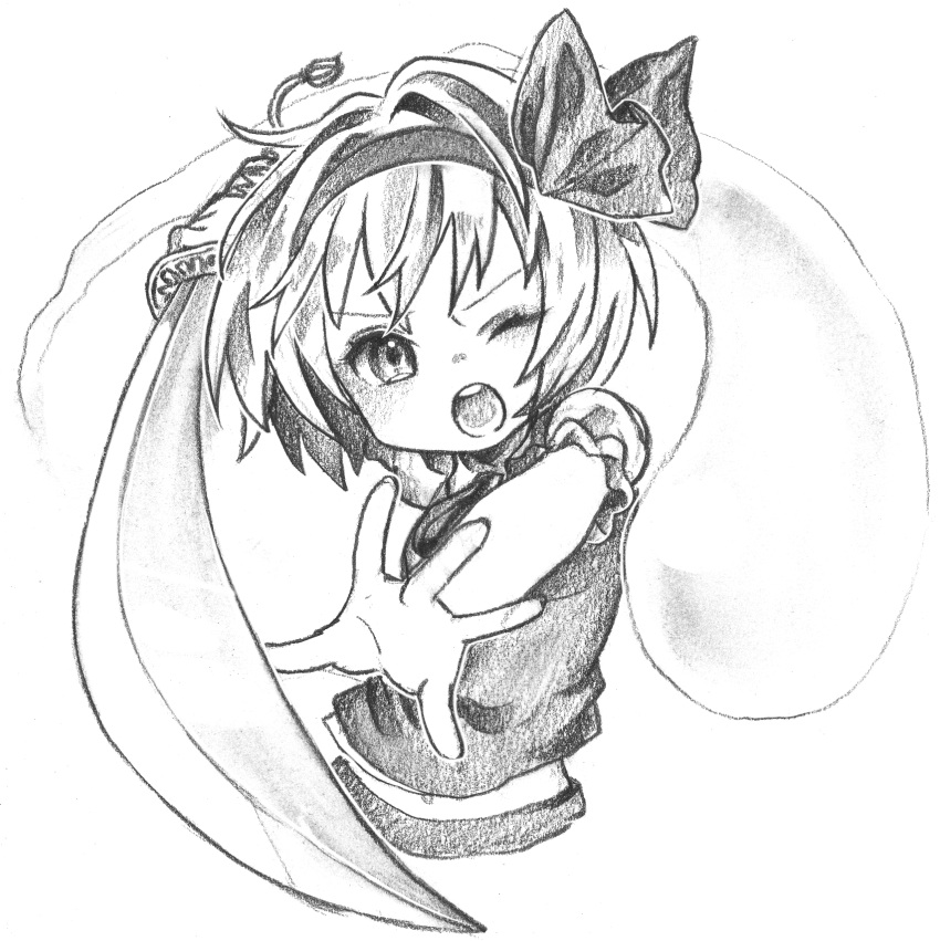 >;o, 1girl, foreshortening, gotoh510, hairband, highres, katana, konpaku_youmu, konpaku_youmu_(ghost), monochrome, puffy_short_sleeves, puffy_sleeves, short_hair, short_sleeves, sword, touhou, vest, weapon