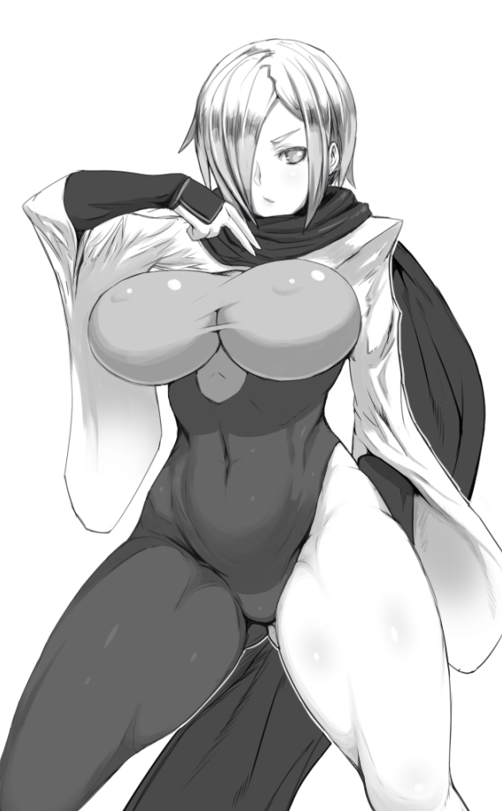 1girl, amamiya_(abaros), belly, breasts, covered_navel, hattori_hanzo_uruka, large_breasts, monochrome