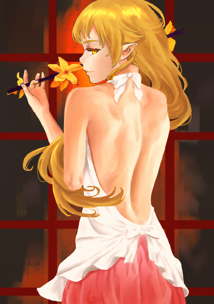 1girl, bare_shoulders, blonde_hair, dress, flower, from_behind, holding, holding_flower