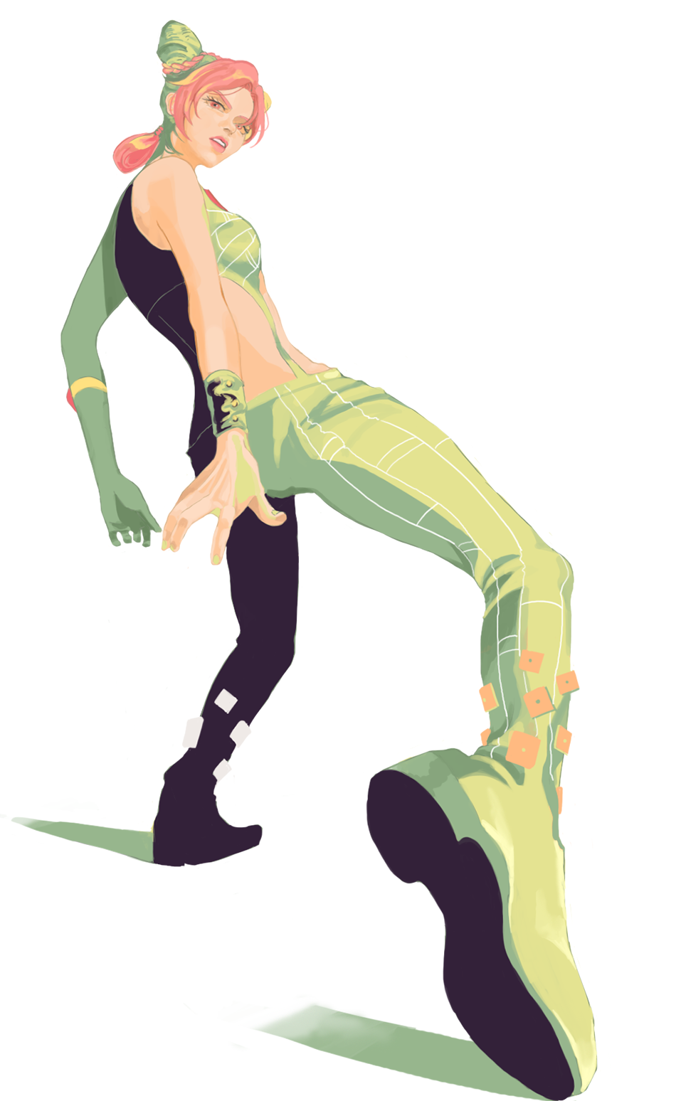 1girl, braid, double_bun, foreshortening, full_body, green_hair, green_nails, halter_top, halterneck, highres, jojo_no_kimyou_na_bouken, kong_(kdo7), kuujou_jolyne, lipstick, makeup, multicolored_hair, nail_polish, pink_hair, pink_lipstick, shadow, solo, tattoo, two-tone_hair, wristband