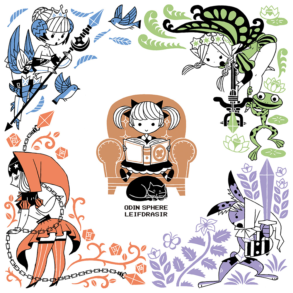 >:o, 1boy, 4girls, :o, alice_(odin_sphere), armor, armored_dress, bangs, bare_shoulders, bird, black_cat, book, bow, bow_(weapon), braid, butterfly, butterfly_wings, cat, chain, chair, choker, closed_eyes, cornelius_(odin_sphere), crop_top, crossbow, crown, dress, fairy, feathers, fingerless_gloves, flower, frog, furry, gloves, gwendolyn, hair_bow, hair_bun, hair_flower, hair_ornament, hair_ribbon, head_wreath, hood, lily_pad, long_hair, mercedes, midriff, multiple_girls, odin_sphere, pointy_ears, polearm, profile, puff_and_slash_sleeves, puffy_sleeves, rabbit, reading, ribbon, rose, short_hair, sitting, skirt, spear, strapless_dress, striped, striped_legwear, sword, tajima_naoto, thigh-highs, twin_braids, twintails, velvet_(odin_sphere), weapon, wings