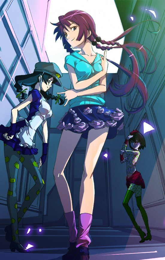 3girls, alley, bakemonogatari, blue_hair, braid, breasts, brown_hair, cleavage