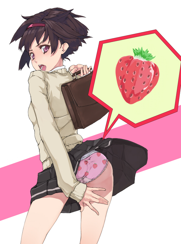 1girl, ass, bag, black_hair, brown_eyes, food, fruit, hairband