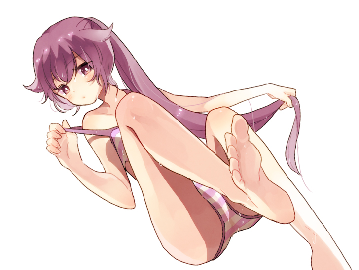 1girl, feet, holding_hair, konishi_ayano, lying, neko_potato, on_back, one-piece_swimsuit, original, purple_hair, soles, strap_pull, striped, striped_swimsuit, swimsuit, toes, violet_eyes