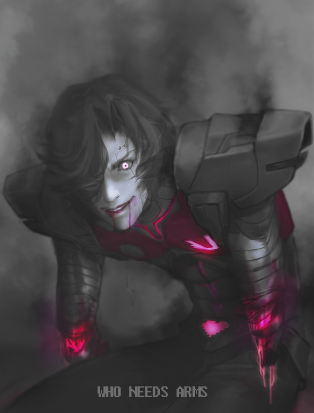 1boy, adapted_costume, android, black_hair, boysquad, damaged, english, english_text, glowing, glowing_eye, grey_skin, male, mettaton, mettaton_ex, pauldrons, realistic, robot, short_hair, smoke, solo, text, undertale, violet_eyes
