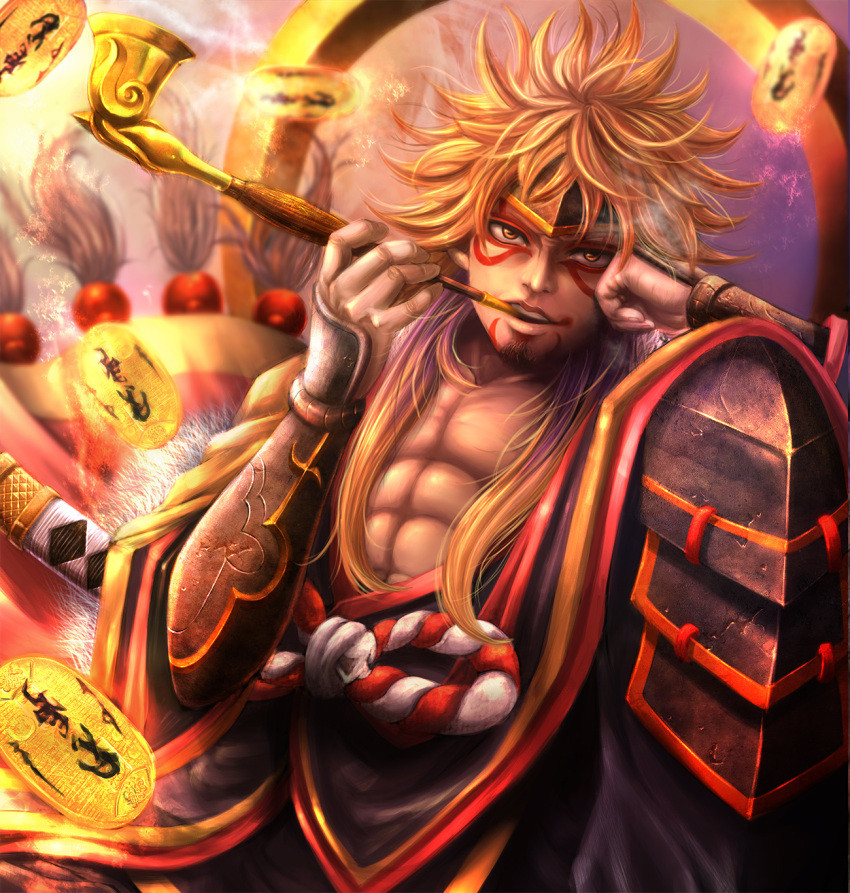 1boy, abs, armor, blonde_hair, coin, facial_hair, facial_mark, fur_trim