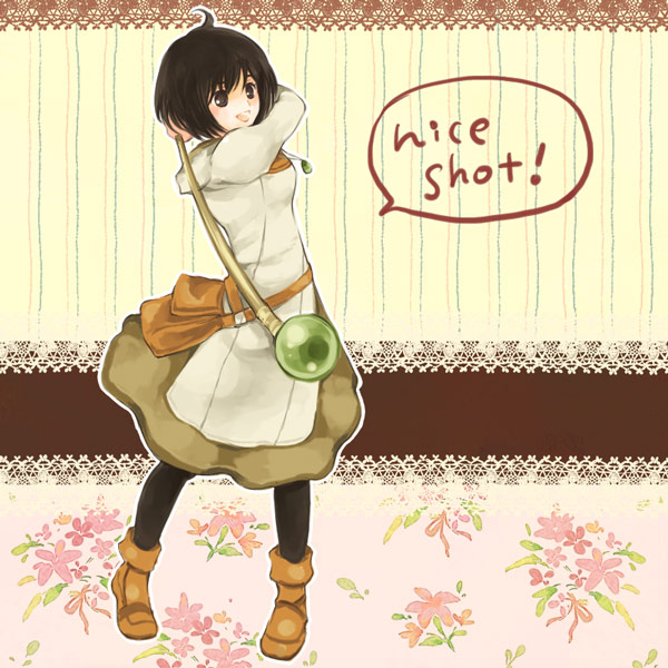 1girl, :d, bag, black_hair, black_legwear, blush_stickers, boots, brown_eyes
