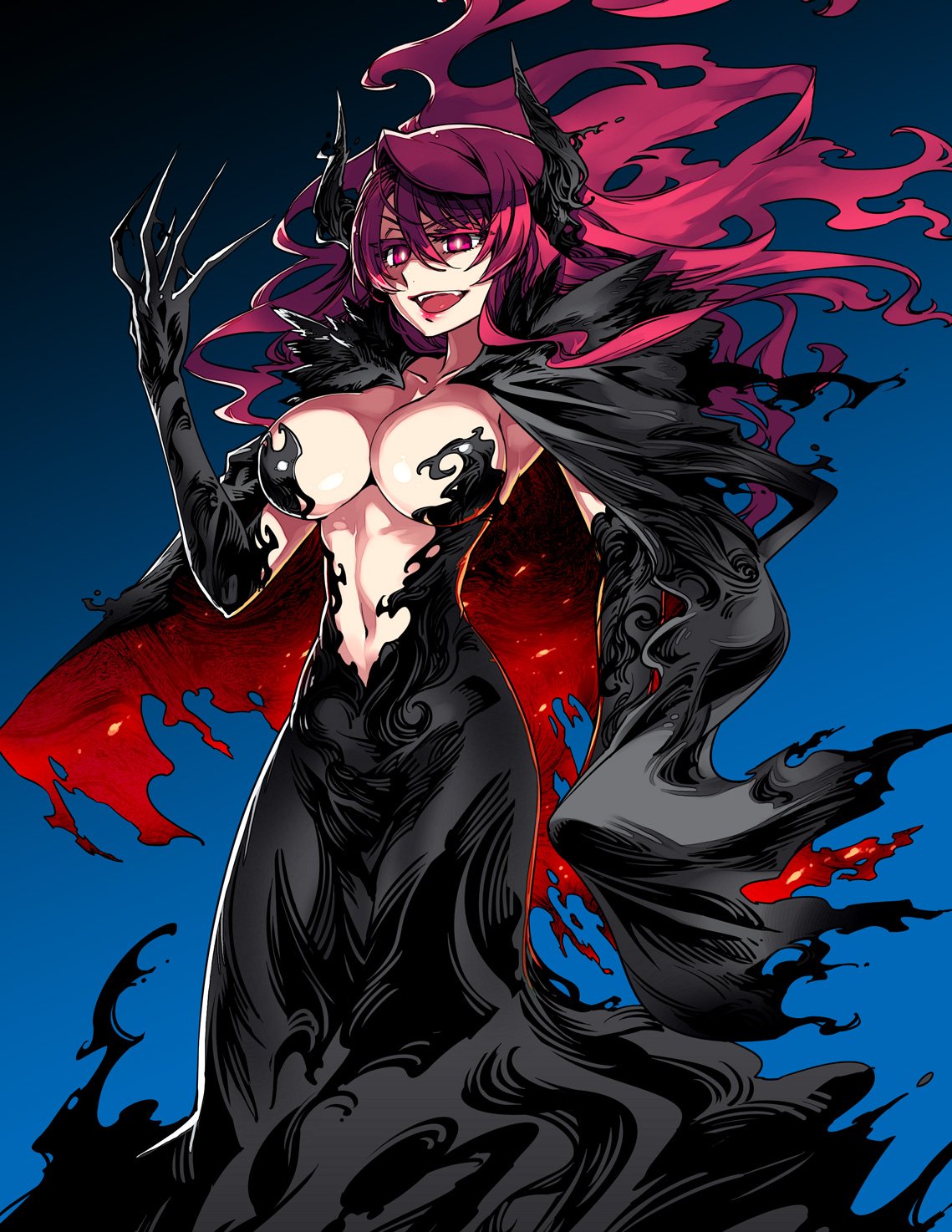 1girl, blue_background, breasts, cape, cleavage, cowboy_shot, dark_persona, demon_girl