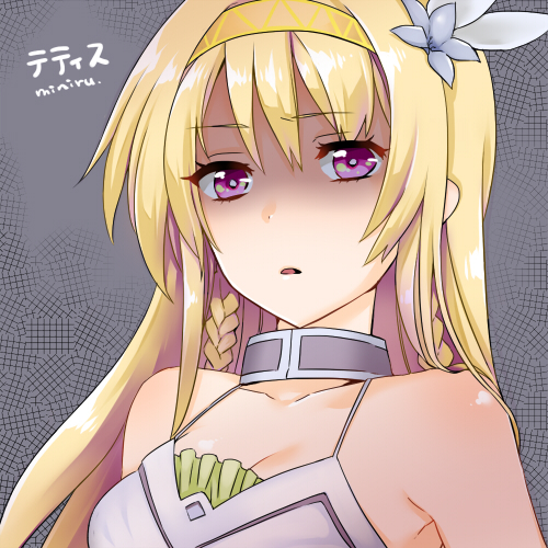 1girl, artist_name, bare_shoulders, blonde_hair, character_name, flower, grey_background, hair_flower