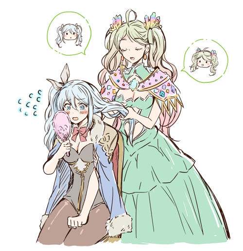 2girls, ahoge, alternate_hairstyle, black_legwear, blue_eyes, blue_hair, blush, bowtie
