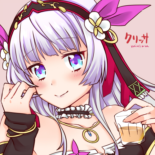 1girl, artist_name, blue_eyes, blush, character_name, choker, face, flower