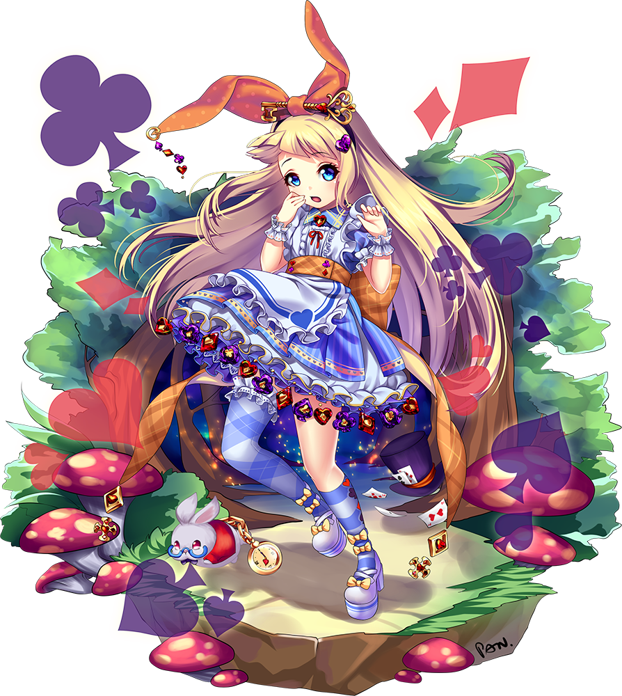 1girl, alice_(wonderland), alice_in_wonderland, apron, asymmetrical_legwear, blonde_hair, bow, card, clubs, diamond_(shape), dress, frilled_dress, frilled_skirt, frills, hair_bow, heart, kashi_kosugi, key, long_hair, mushroom, original, playing_card, pocket_watch, ribbon, short_sleeves, skirt, solo, spade, striped, striped_legwear, thigh-highs, watch, white_rabbit, wrist_cuffs