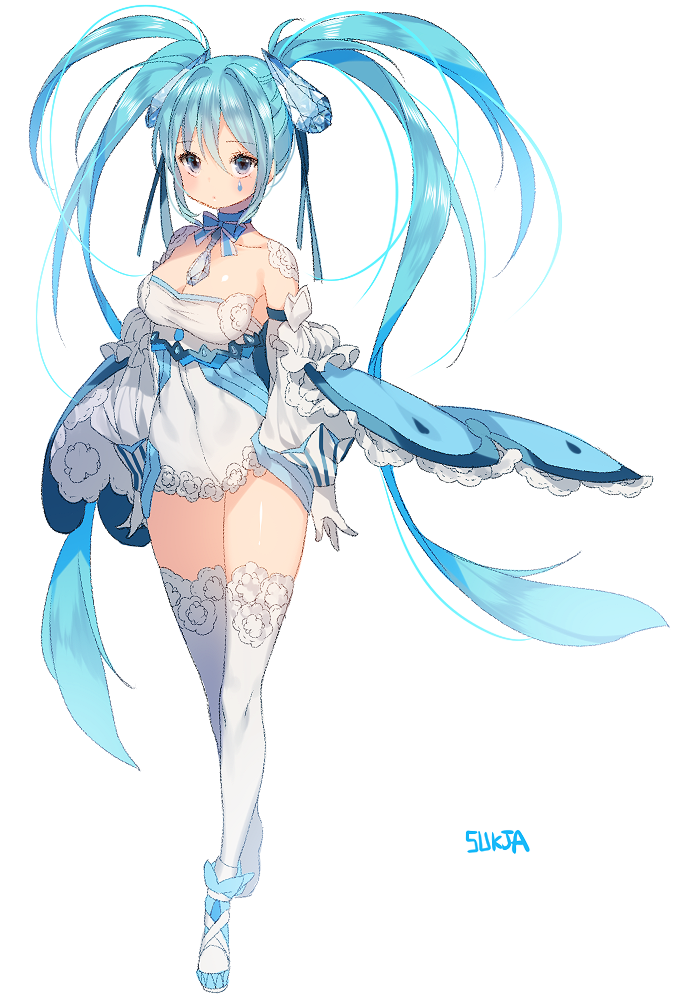 1girl, artist_name, bare_shoulders, blue_eyes, blue_hair, blush, breasts, cleavage