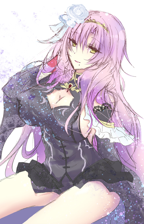 1girl, black_dress, breasts, cleavage, dress, eushully, feruano_lir_lanahime, flower