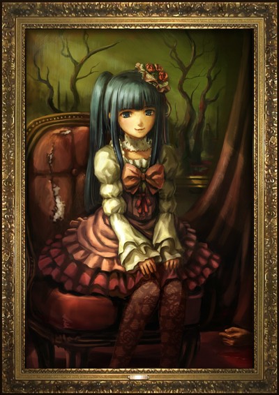 aqua_hair, bangs, blunt_bangs, bow, chair, choker, curtains, dress