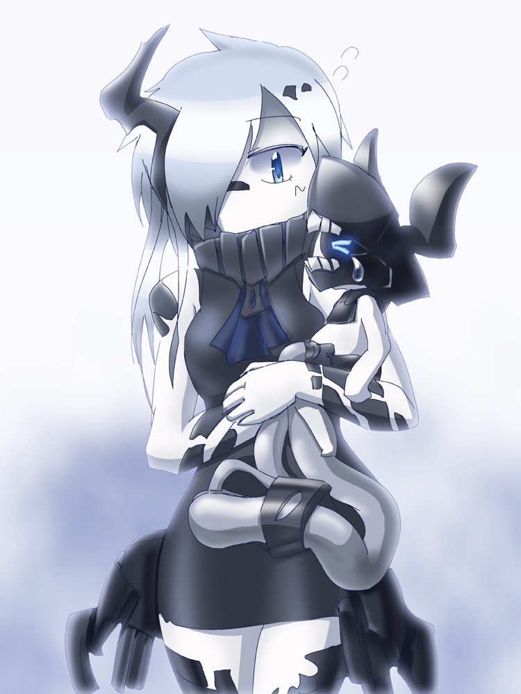 2girls, artist_request, ascot, asymmetrical_hair, black_dress, black_legwear, blue_eyes, covered_mouth, crying, dress, forked_tail, glowing, glowing_eye, holding, kantai_collection, long_hair, machinery, multiple_girls, ne-class_heavy_cruiser, official_art, pt_imp_group, shinkaisei-kan, short_dress, solo, tail, tears, thigh-highs, torn_clothes, torn_dress, transparent_background, turret, white_hair, white_skin, zettai_ryouiki