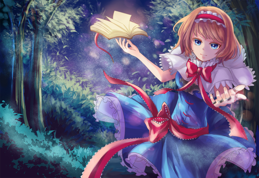 1girl, alice_margatroid, ascot, asiya_(joey26504), blonde_hair, blue_dress, blue_eyes, book