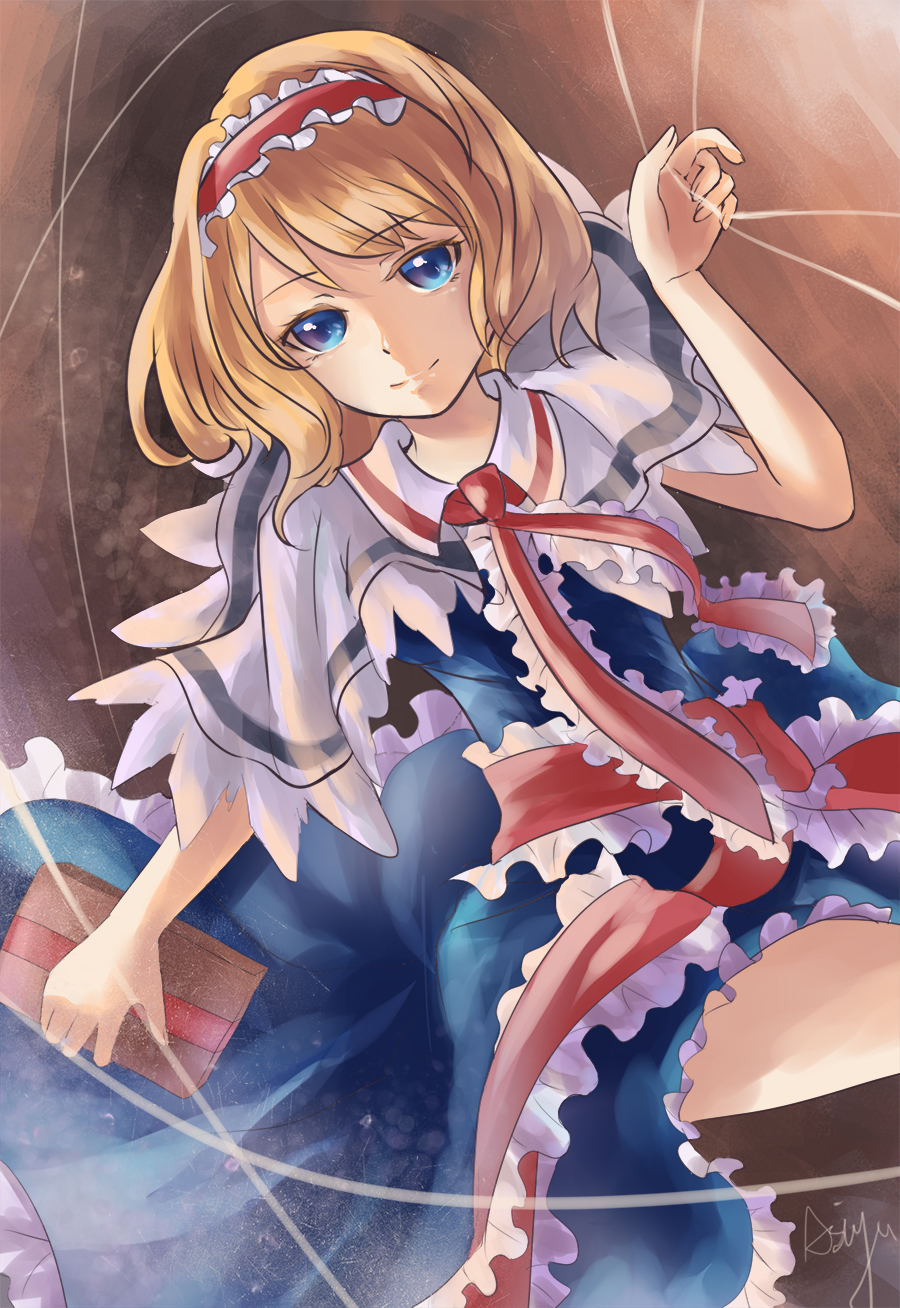 1girl, alice_margatroid, ascot, asiya_(joey26504), blonde_hair, blue_dress, blue_eyes, book