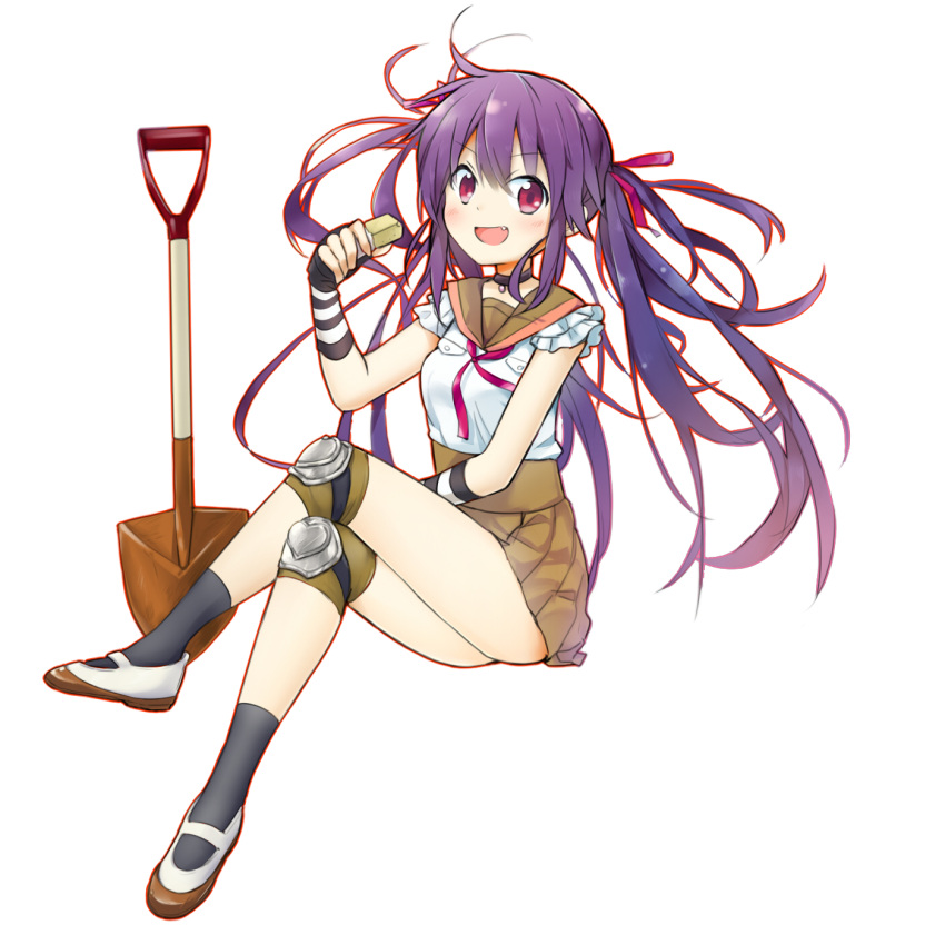 1girl, crossed_legs, ebisuzawa_kurumi, fang, fingerless_gloves, full_body, gakkou_gurashi!, gloves, highres, knee_pads, long_hair, looking_at_viewer, nutsiqu, open_mouth, purple_hair, red_eyes, school_uniform, shovel, simple_background, sitting, skirt, smile, solo, twintails, white_background, worktool