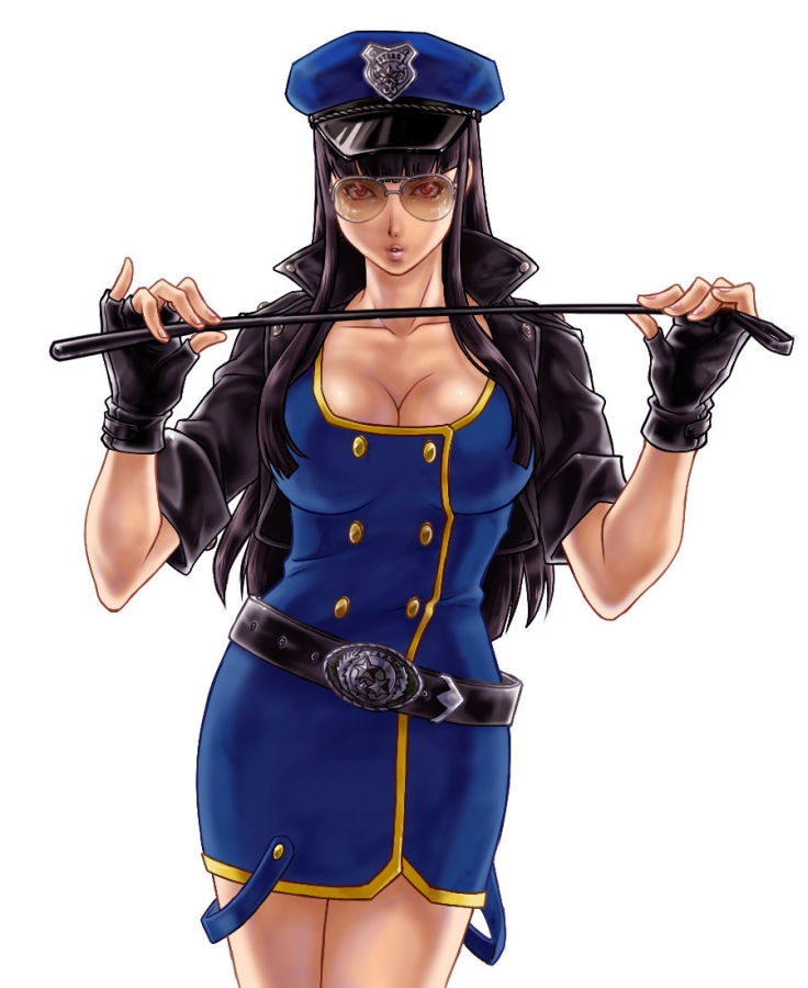 1girl, aviator_sunglasses, bangs, belt, black_hair, blue_dress, blunt_bangs, breasts