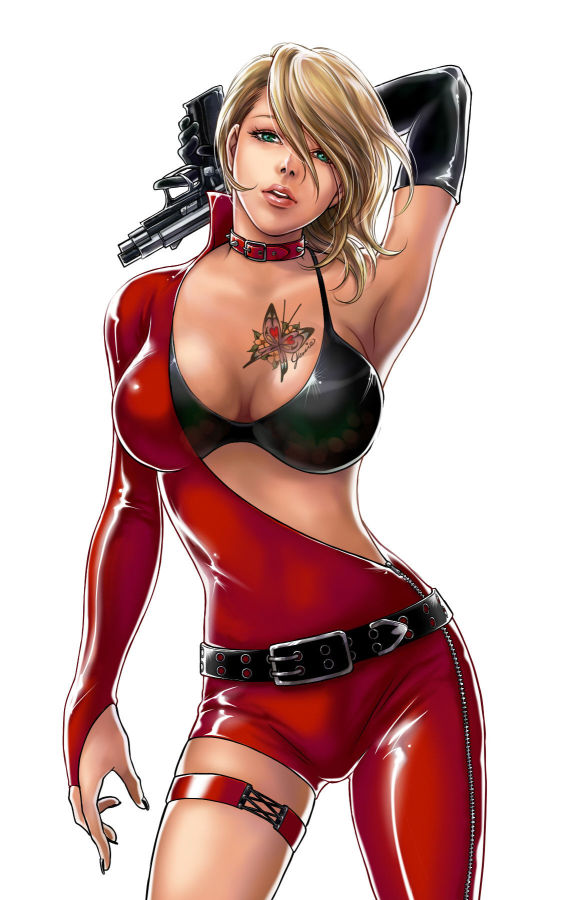 1girl, arm_up, armpits, asymmetrical_clothes, belt, bikini_top, blonde_hair, bodysuit