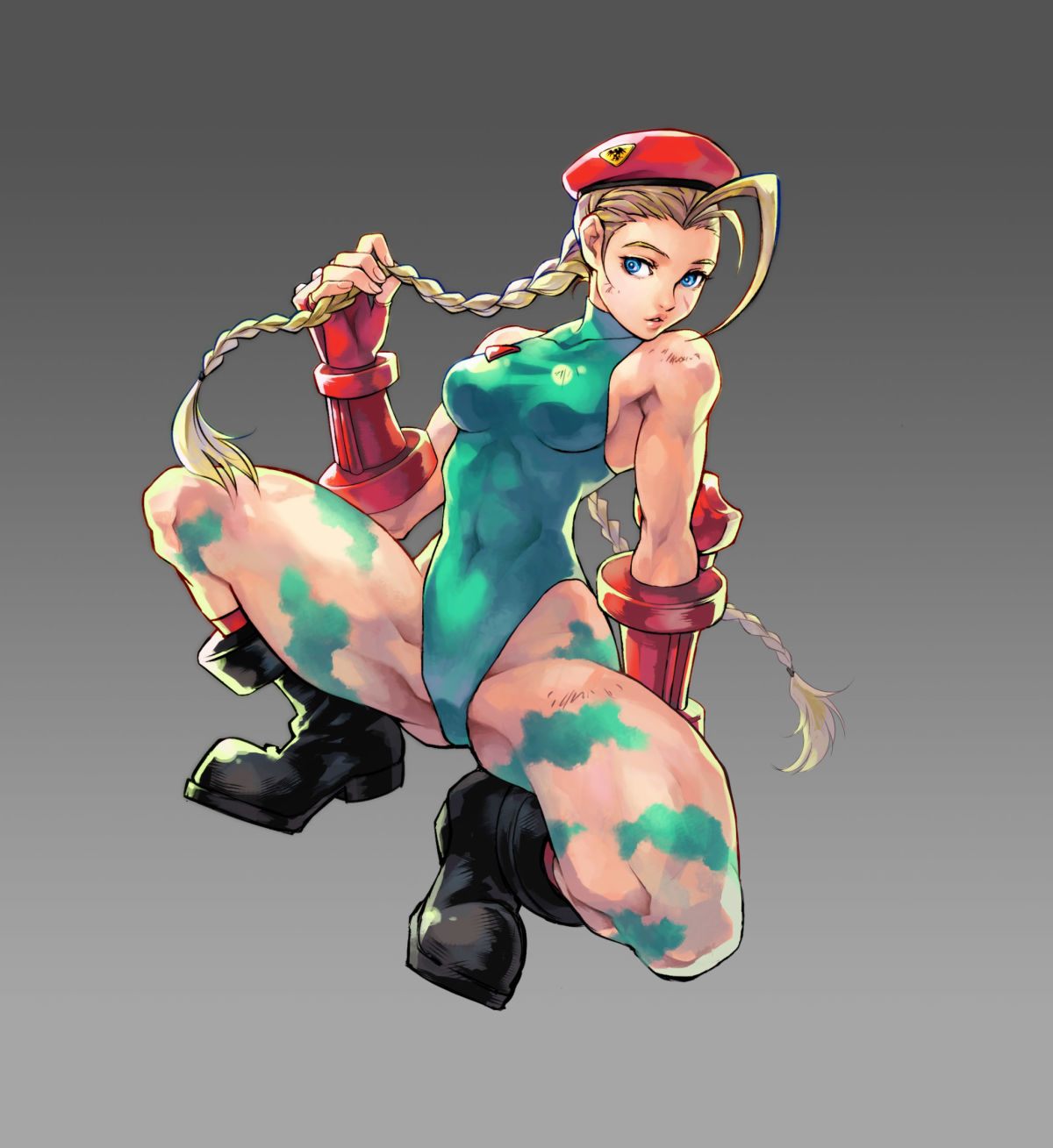 1girl, ahoge, antenna_hair, beret, blonde_hair, blue_eyes, bodypaint, boots, braid, breasts, bruise, cammy_white, combat_boots, fingerless_gloves, full_body, gloves, grey_background, hat, highres, huge_ahoge, injury, kinoshita_reiko, leotard, long_hair, sideboob, small_breasts, solo, spread_legs, squatting, street_fighter, thick_thighs, thighs, toned, twin_braids