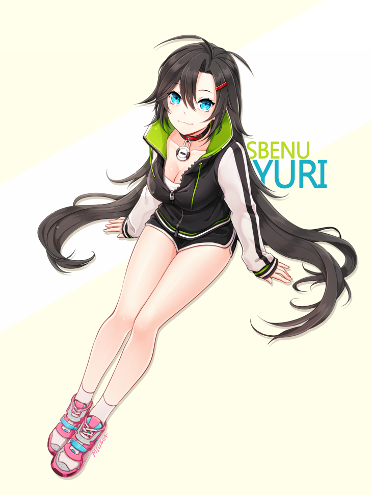 1girl, black_hair, black_shorts, blue_eyes, breasts, cleavage, closers, long_hair