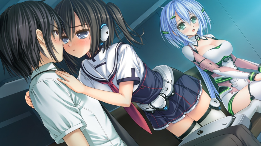 1boy, 2girls, aqua_eyes, black_hair, black_necktie, blue_eyes, blue_hair, blue_skirt