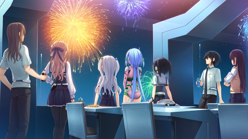 2boys, 5girls, black_hair, black_legwear, black_necktie, black_ribbon, blue_hair, blue_skirt