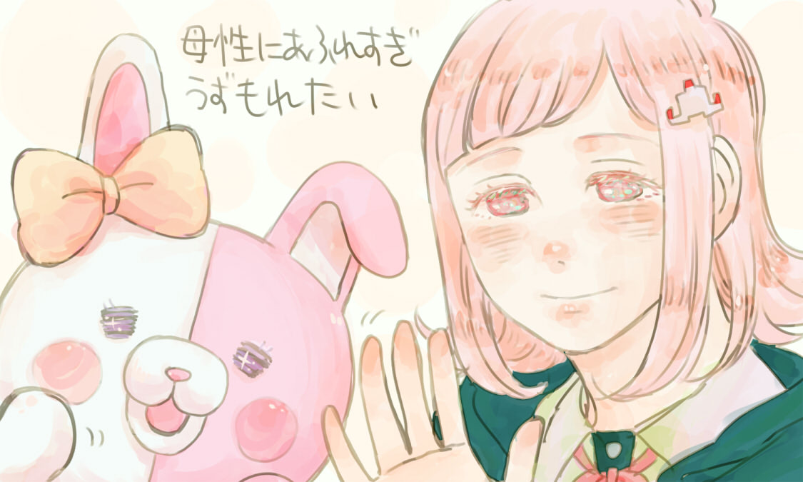1girl, bangs, blush, bow, dangan_ronpa, hair_ornament, hoodie, looking_at_viewer