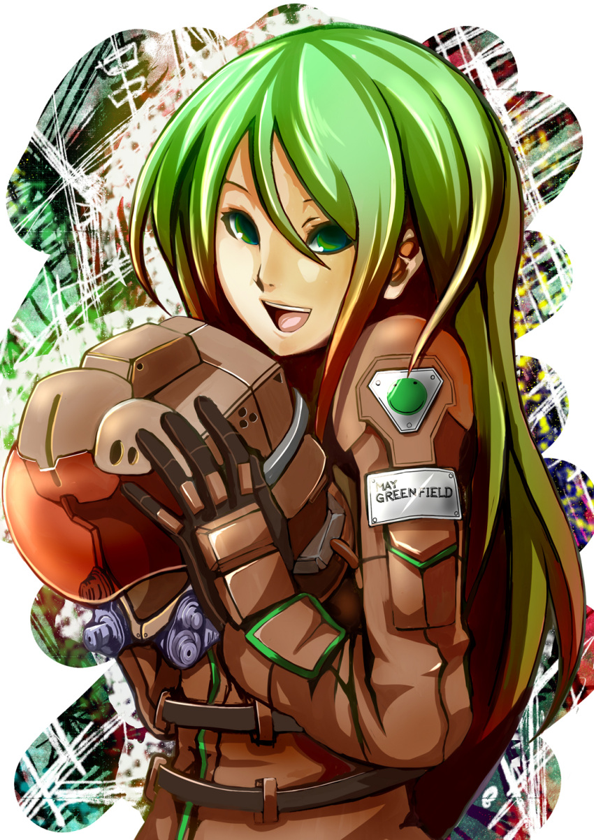 1girl, armored_core, armored_core:_for_answer, green_eyes, green_hair, headwear_removed, helmet, helmet_removed