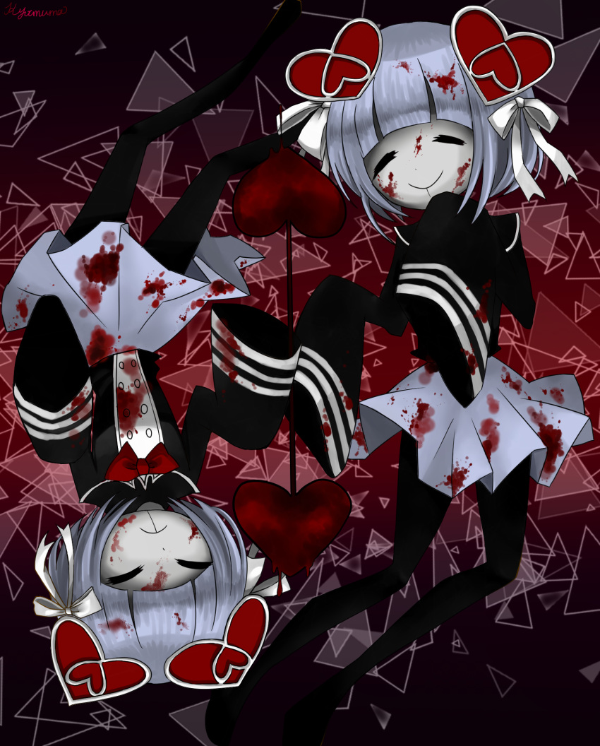 2girls, =_=, artist_name, blood, blood_drip, blood_on_face, bloody_clothes, bloody_hair