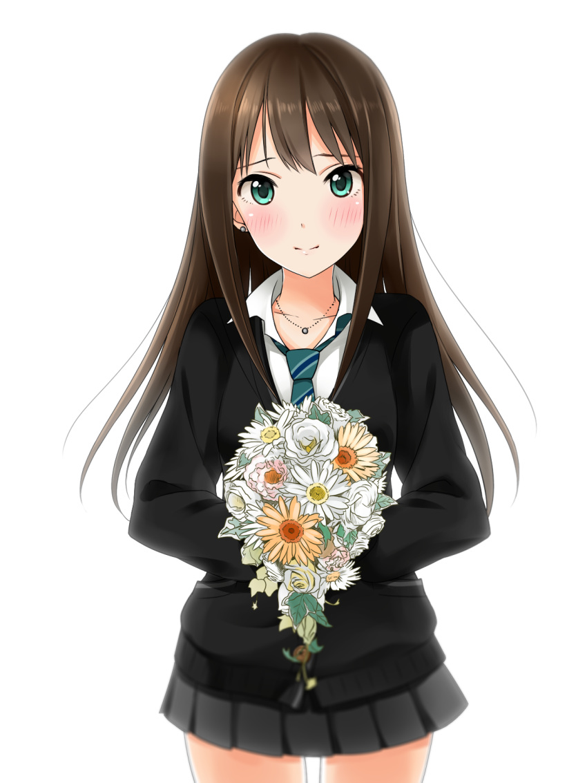 1girl, blush, bouquet, brown_hair, cardigan, cowboy_shot, earrings, emicii