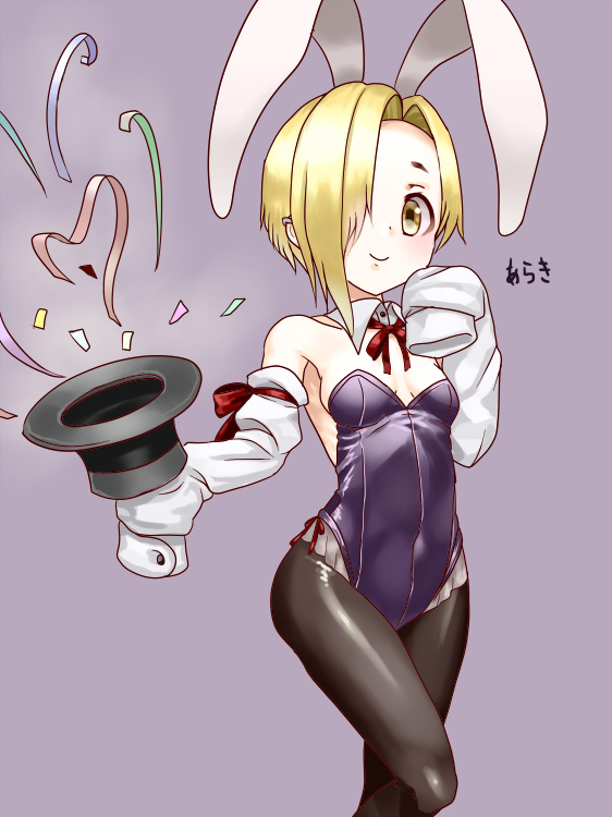 1girl, animal_ears, araki_(qbthgry), black_legwear, blonde_hair, blush, breasts, bunny_tail