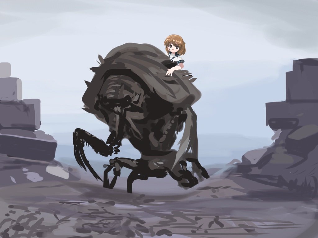 1girl, bandaid, fallout_4, hai_to_hickory, kantai_collection, mirelurk, mirelurk_queen, oboro_(kantai_collection)