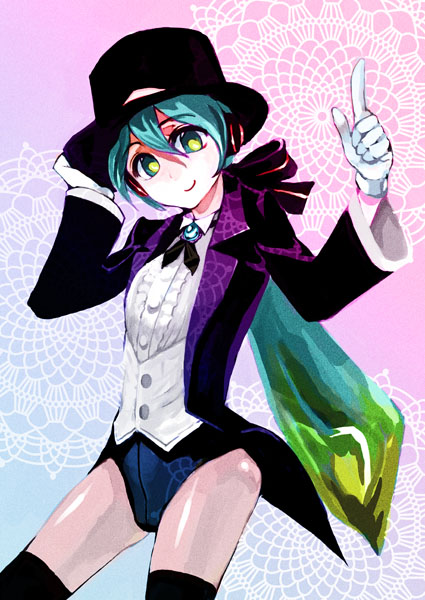 1girl, aqua_hair, gloves, hair_ribbon, hat, hat_tip, hatsune_miku, headphones
