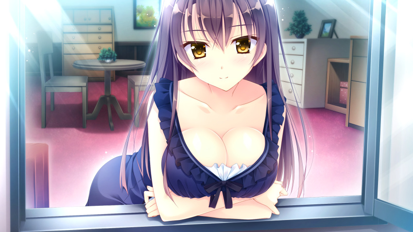 1girl, blue_dress, breast_hold, breasts, cleavage, dress, female, game_cg, highres, kaburagi_yukie, kimishima_ao, koi_suru_kimochi_no_kasanekata, long_hair, looking_at_viewer, smile, solo, yellow_eyes