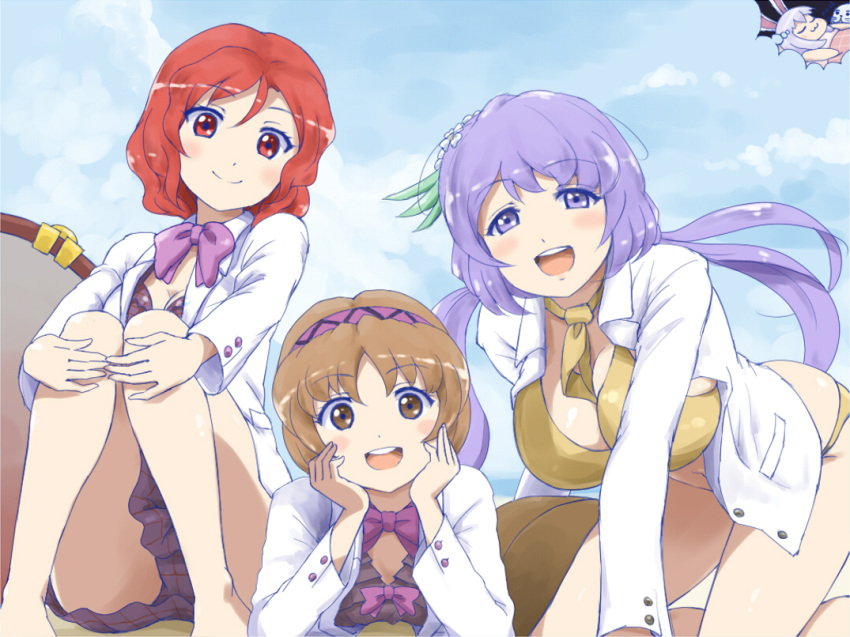4girls, animal_ears, between_breasts, bikini, blazer, blue_sky, breasts, brown_eyes