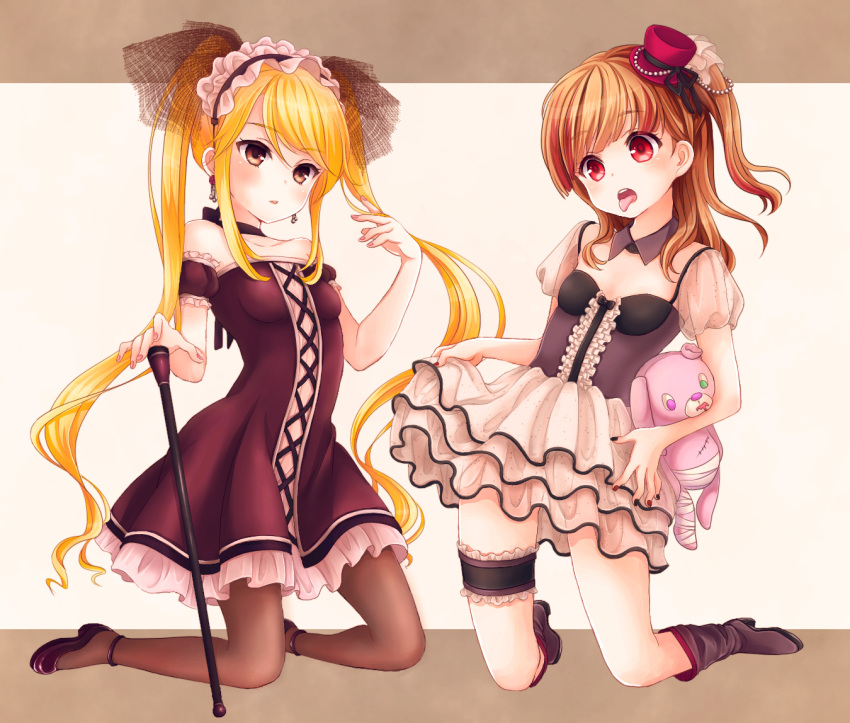 2girls, amari_akari, artist_request, bare_shoulders, blonde_hair, brown_eyes, brown_hair, cane, earrings, girlfriend_(kari), hat, jewelry, kneeling, multiple_girls, pantyhose, red_eyes, side_ponytail, skirt, stuffed_animal, stuffed_toy, tagme, tokitani_koruri, tongue, tongue_out, twintails