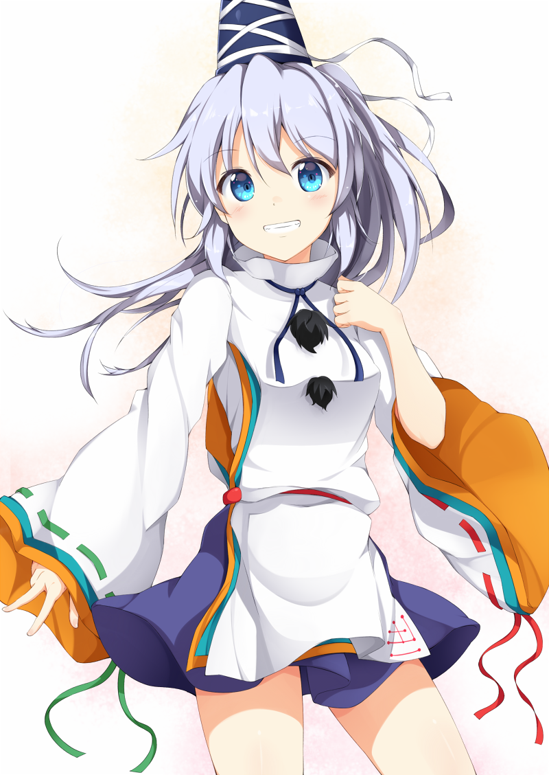 1girl, blue_eyes, boushi_(nandemo), cowboy_shot, grin, hat, hat_ribbon, long_hair, long_sleeves, looking_at_viewer, mononobe_no_futo, ribbon, ribbon-trimmed_sleeves, ribbon_trim, shirt, silver_hair, skirt, smile, solo, thighs, touhou, wide_sleeves
