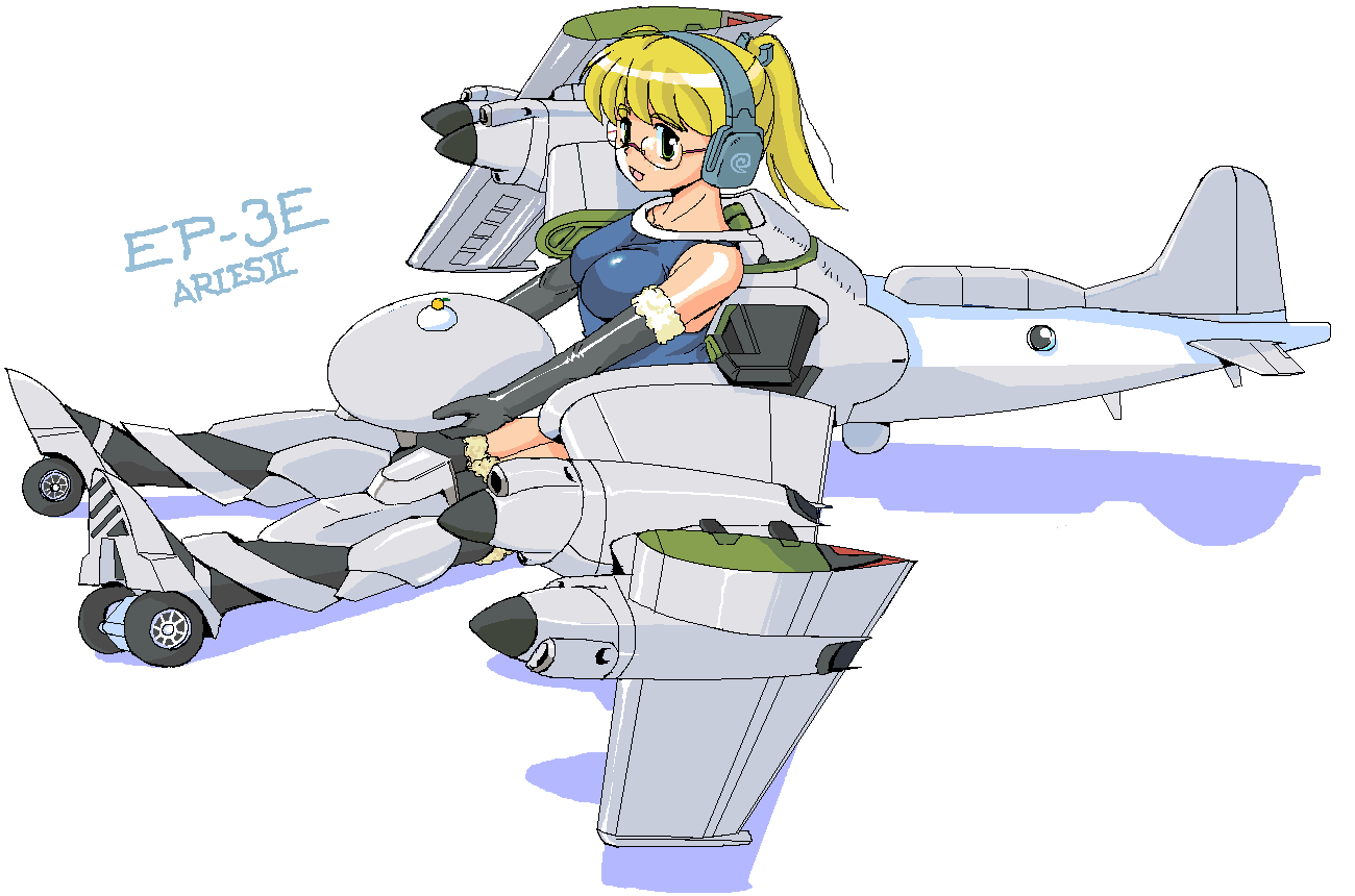 1girl, airplane, bare_shoulders, blonde_hair, character_name, elbow_gloves, fur_trim, glasses, gloves, green_eyes, headset, kagami_mochi, lockheed_ep-3, lockheed_p-3, long_hair, mecha_musume, military, nanashi_(7th_exp), open_mouth, original, personification, ponytail, school_swimsuit, shadow, sitting, smile, solo, swimsuit, wheel